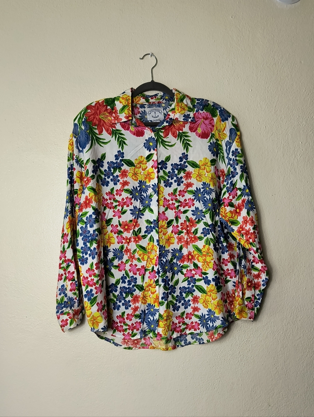 Women's L White Floral Button-Down Shirt - Multicolor Bloom